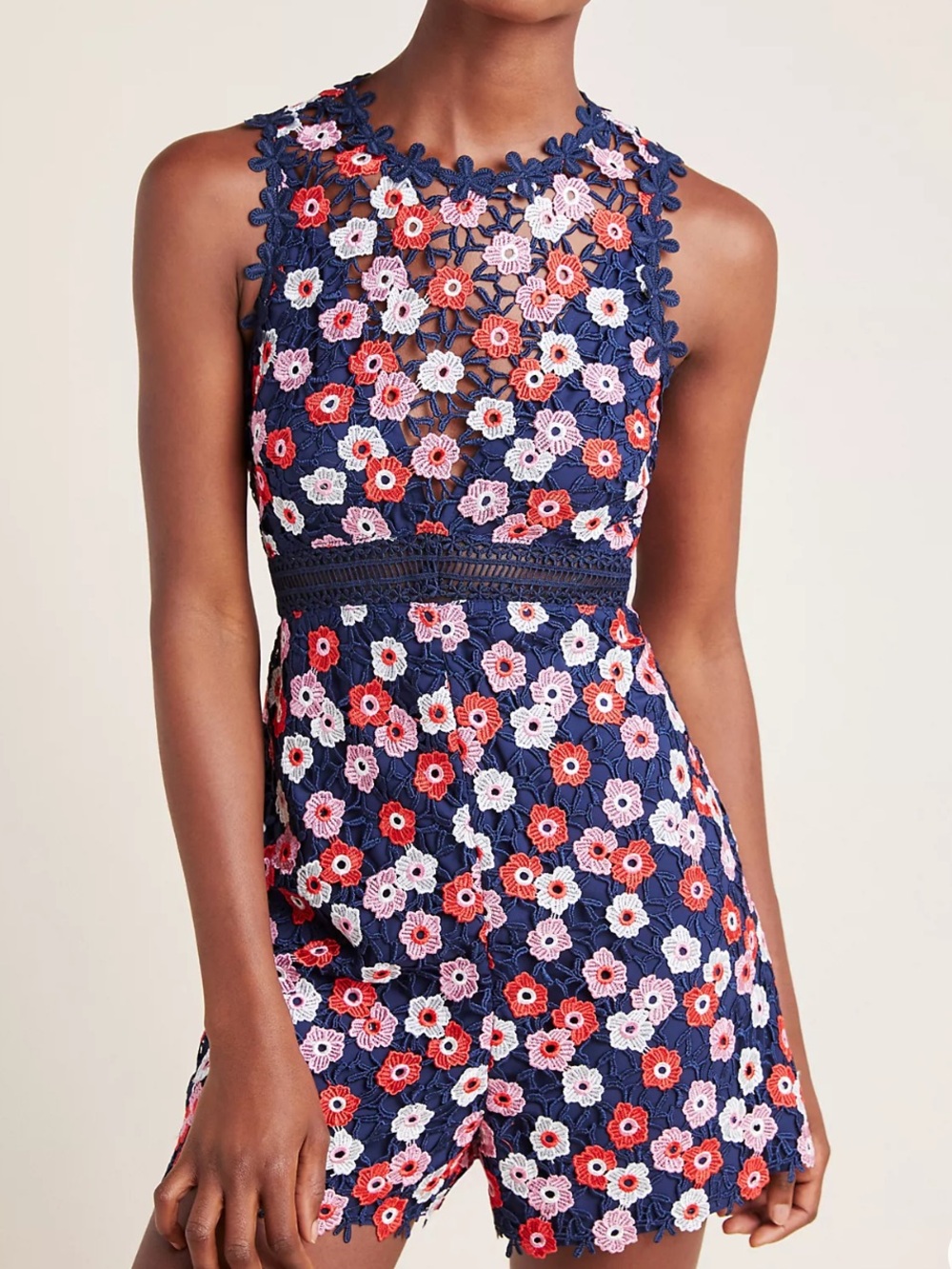 Monique Lhuillier Navy Floral Lace Romper with Red and Pink Accents